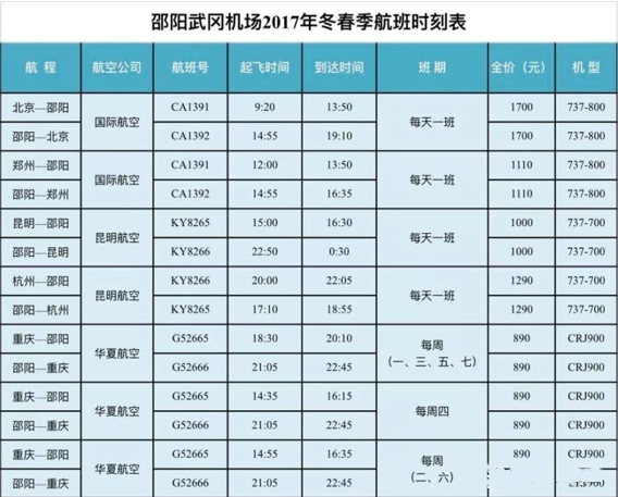 武冈机场航班表