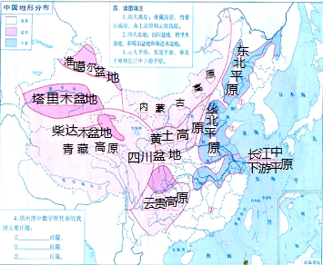 在图中填注我国的四大高原、四大盆地和三大平原