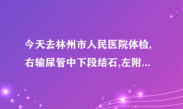 今天去林州市人民医院体检,右输尿管中下段结石,左附件...